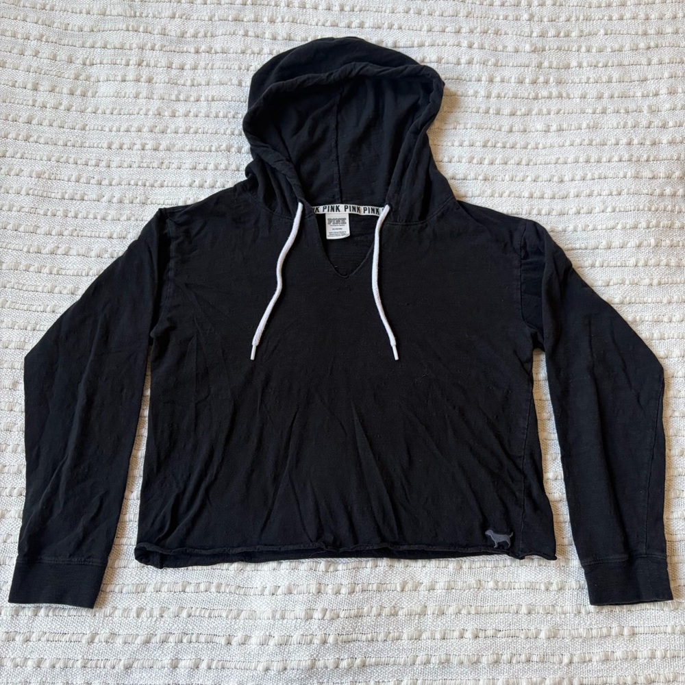 Victorias Secret PINK Black Cropped Dog Logo V Neck Hoodie Size Medium